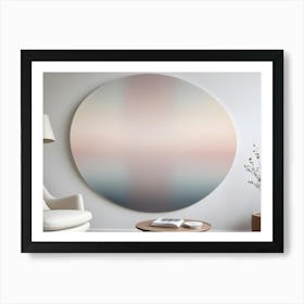 A White Armchair, A Side Table With Books, A Floor Lamp, And A Large, Round Painting With A Gradient Of Pastel Colors Hanging On A White Wall Art Print