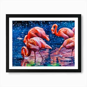 Flamingos in a Tranquil Lagoon. A serene scene of vibrant pink flamingos wading and interacting in a lush, green lagoon surrounded by dense foliage. The water reflects their elegant forms, creating a harmonious connection between nature and wildlife. Art Print