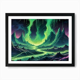 A Winding Road Illuminated By Green Neon Lights Leads Through A Valley Surrounded By Towering, Fantastical Mountains Beneath A Vibrant Aurora Borealis Art Print