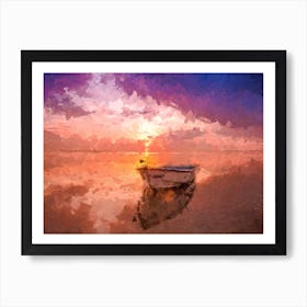 Lonely Boat In The River At Sunset Oil Painting Landscape Art Print