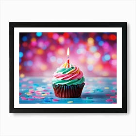 Cupcake With Vibrant Swirls Of Pink Blue And Green Frosting Single Lit Candle Atop Celebrating A (3) Art Print