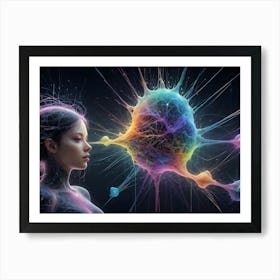 A Woman With Ethereal, Glowing Features Gazes Upon A Vibrant, Abstract Structure That Represents A Neuron Or Brain Cell Art Print