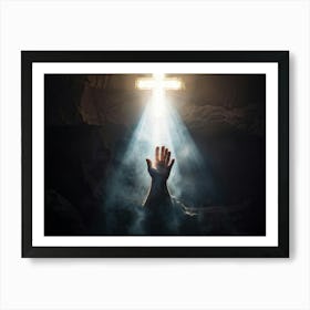 An Ultra Realistic Depiction Of A Hand Raised In A Gesture Of Prayer Emerging From Darkness Into A (4) Art Print