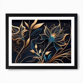 Gold And Blue Floral Painting Art Print