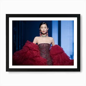 Asian Woman Posing Effortlessly In Haute Couture High Fashion Runway Walk Lavish Fabrics Cascading (4) Art Print