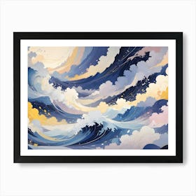 A Whimsical, Artistic Illustration Of Swirling Waves In Shades Of Blue, White, And Gold, Resembling A Seascape Or A Dreamlike Landscape Art Print