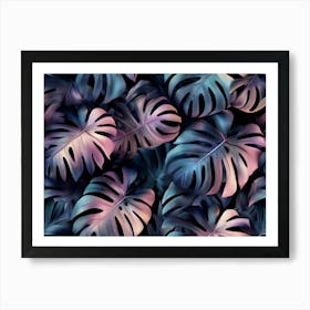 Tropical Seamless Pattern with Monstera, Palm Leaves on Dark Background Art Print