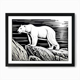 Playful Polar Bear On Cliff Linocut Black And White art, animal art, 156 Art Print