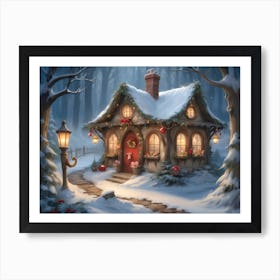 Christmas Cottage In The Woods Fantasy Art Art Print