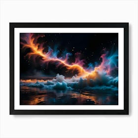 Abstract, Digital Art With Swirling, Flowing Patterns In Shades Of Blue, Pink, And Orange, Resembling A Cosmic Nebula Or A Swirling Galaxy, With A Reflective Water Surface Below Art Print