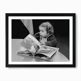 Child Reading A Book, Black and White, Vintage Old Photo Art Print