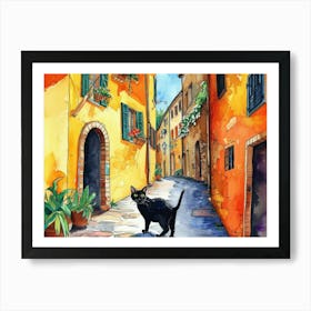 Black Cat In Ascoli Piceno, Italy, Street Art Watercolour Painting 2 Art Print