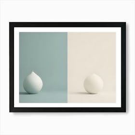 A Minimalist Image Of Two White, Teardrop Shaped Candles, One On A Blue Background And One On A Cream Background, Representing A Simple And Elegant Design Art Print