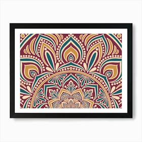 WA240024 - Intricate Gold and Teal Mandala on Maroon - Elegant Geometric Art Art Print