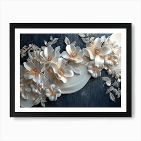 3d White And Blue Background Adorned With Golden Jewelry And Flowers 1 Art Print