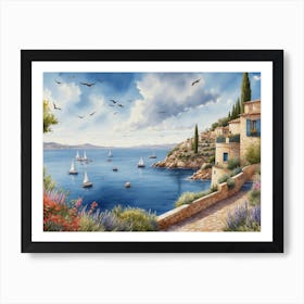 Mediterranean Coastal Village Seaside Scene Art Print