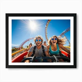 Thrilling Roller Coaster Ride On A Sunlit Day At An Amusement Park Windswept Hair Flying Laughter Art Print