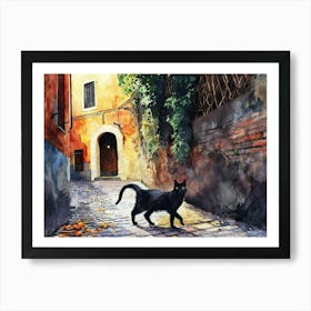 Black Cat In Rome, Italy, Street Art Watercolour Painting 5 Art Print