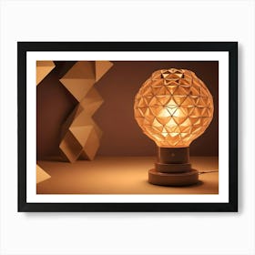 A Modern, Geometric Lamp With A Glowing Light Bulb Sits On A Table Art Print