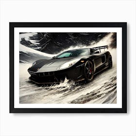 Black Sports Car Driving Through Snow Art Print