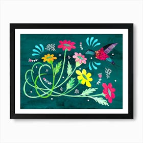Hummingbird And Flowers Art Print