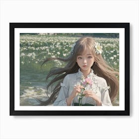 Anime Girl Holding Flowers Art Print