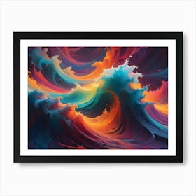 Abstract Artwork Depicting A Swirling Explosion Of Colorful, Liquid Waves In Blue, Orange, Red, And Purple Hues, Evoking A Sense Of Energy And Motion Art Print