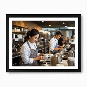 Cafeteria Interior Bustling With Activity Baristas In Checkered Aprons Preparing Espresso Drinks P (1) Art Print