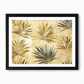 Palm Leaves In Gold Art Texture Natural Beige Colors 3d Design Seamless Pattern Abstract Art Print