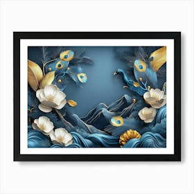 3d Modern Abstraction Art With Blue, Dark Green And Golden Tropical Leaf Branches Art Print