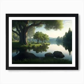 Reflections Of Verdant Trees In Lakeside View Art Print