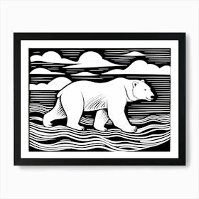 Polar Bear Cavorting In The Arctic Expanse Linocut Art, animal art, 175 Art Print