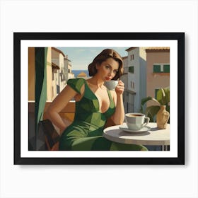 Woman in Green Dress Drinks Coffee Art Print