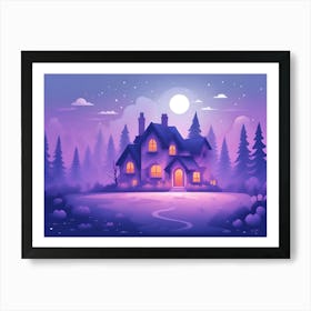 House In The Forest At Night Art Print