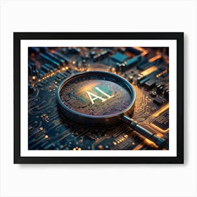 A Magnifying Glass Focuses On The Letters Ai On A Circuit Board With Glowing Components Art Print