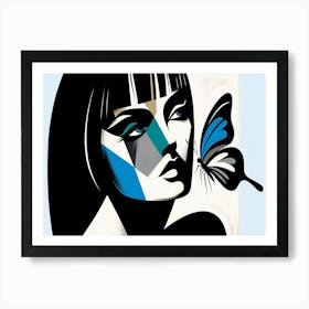Classic Modern Abstract Female Portrait with Butterfly in Black & Blue Art Print