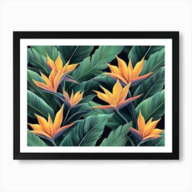 Seamless Pattern, Tropical Strelitzia Flowers, Palm Leaves In Green Color 1 Art Print