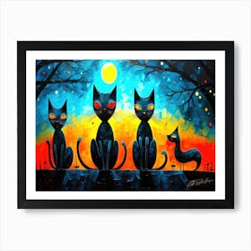 Cats At 3 AM - Black Cats In The Moonlight Art Print