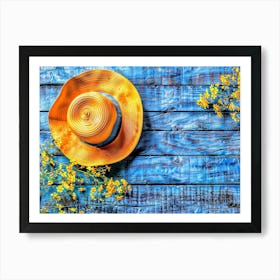 Yellow Hat On Blue Wooden Background Art Print