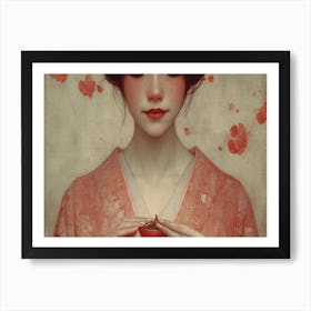 Geisha Grace: Elegance in Burgundy and Grey. Girl In Kimono Art Print