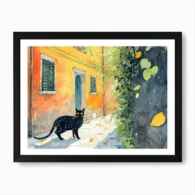 Black Cat In Milano, Italy, Street Art Watercolour Painting 1 Art Print