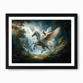 Pegasus Queen, In a mystical forest, a regal figure rides a majestic winged horse. Sunlight filters through dense foliage, casting a serene glow over an ethereal landscape. This fantasy scene evokes a sense of wonder and otherworldly grace. classic art Art Print