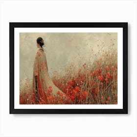 Geisha Grace: Elegance in Burgundy and Grey. Poppy Field Art Print