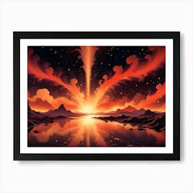 A Surreal Landscape Of Mountains Reflected In A Lake, With A Fiery Explosion Of Clouds And Stars Erupting From The Horizon At Sunset Art Print