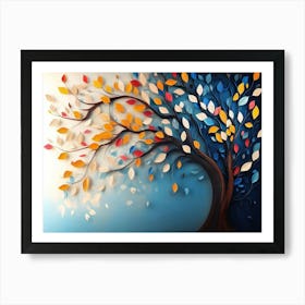 Colorful Tree With Leaves On Hanging Branches Of Blue, White And Golden 12 Art Print