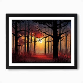 Forest At Sunset,   Forest bathed in the warm glow of the setting sun, forest sunset illustration, forest at sunset, sunset forest vector art, sunset, forest painting,dark forest, landscape painting, nature vector art, Forest Sunset art, trees, pines, spruces, and firs, orange and black.  Art Print