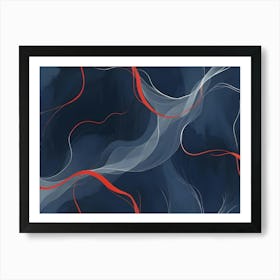 Abstract Image Of Swirling Lines In Shades Of Red, White, And Blue Against A Dark Blue Background Art Print