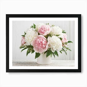 A Bouquet Of Pastel Pink And Pristine White Peonies With Hints Of Red Arranged Densely In A Natural (6) Art Print