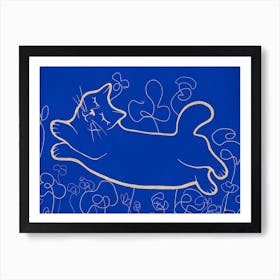 Cat In Flight in Blue Art Print