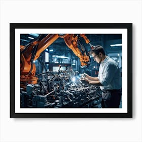 An Artificial Intelligence Engineer Immersed In A High Tech Manufacturing Factory Examining The Com (5) Art Print